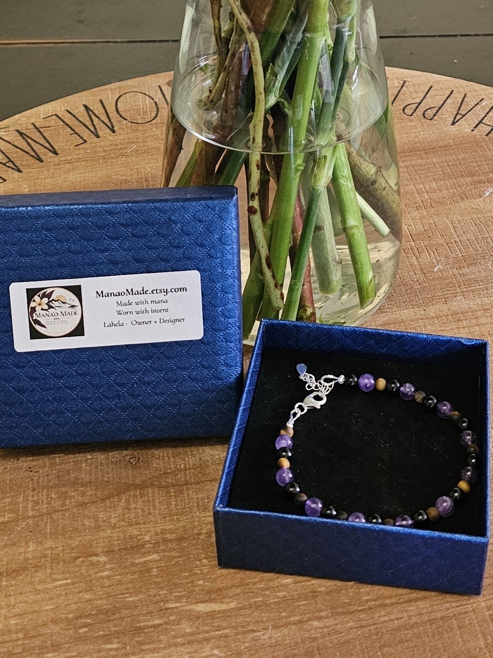 Na'auao Bracelet - 6mm Amethyst & Obsidian, 4.5mm Tigers Eye, 925Sterling Silver